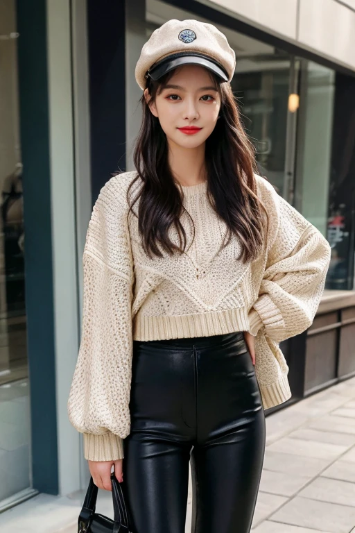 1girl, realistic, ((Masterpiece, best quality,edgQuality)), smug,smirk, edgADC_fashion, long hair, blonde hair, hat, standing, upper body, boots, pants, bag, sweater, handbag, realistic, leggings, fashion ,wearing edgADC,  <lbm=FACES>