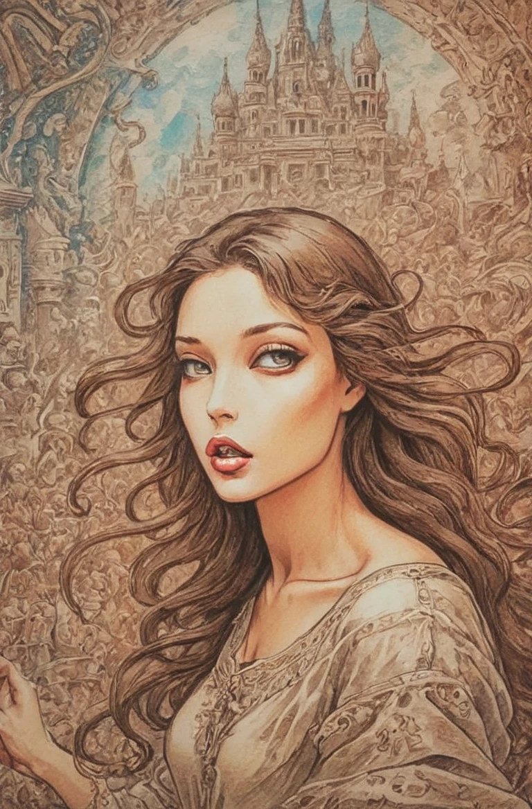<lora:Milo_Manara_Style XL:1> masterpiece of traditional media, intricate details, best hand-drawn quality, young woman, mlmnr style, colorfull hand-drawn Art Galleries or Museums full of busy people
