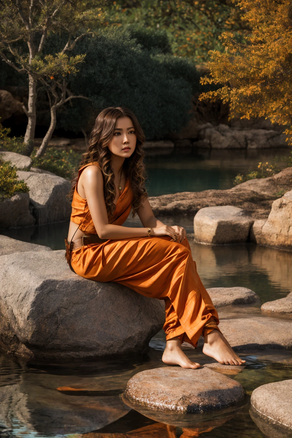 <lora:Thai_pants_v1-000009:1> masterpiece of photorealism, photorealistic highly detailed 8k photography, best cinematic quality, volumetric lighting and shadows, wavy hair orange young woman in thpnt, Stone Bridges over Reflective Ponds Dramatic Low-Angle Shot with Sun Flare