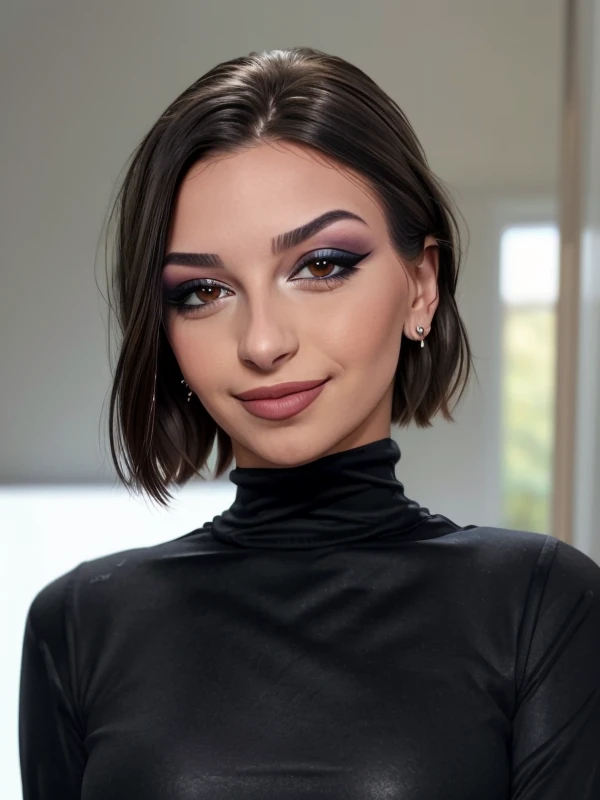 gquality, <lora:martu:1> martu, 1girl, solo, looking at viewer, smile, shirt, jewelry, earrings, parted lips, portrait, makeup, realistic, black shirt, eyeshadow, turtleneck
