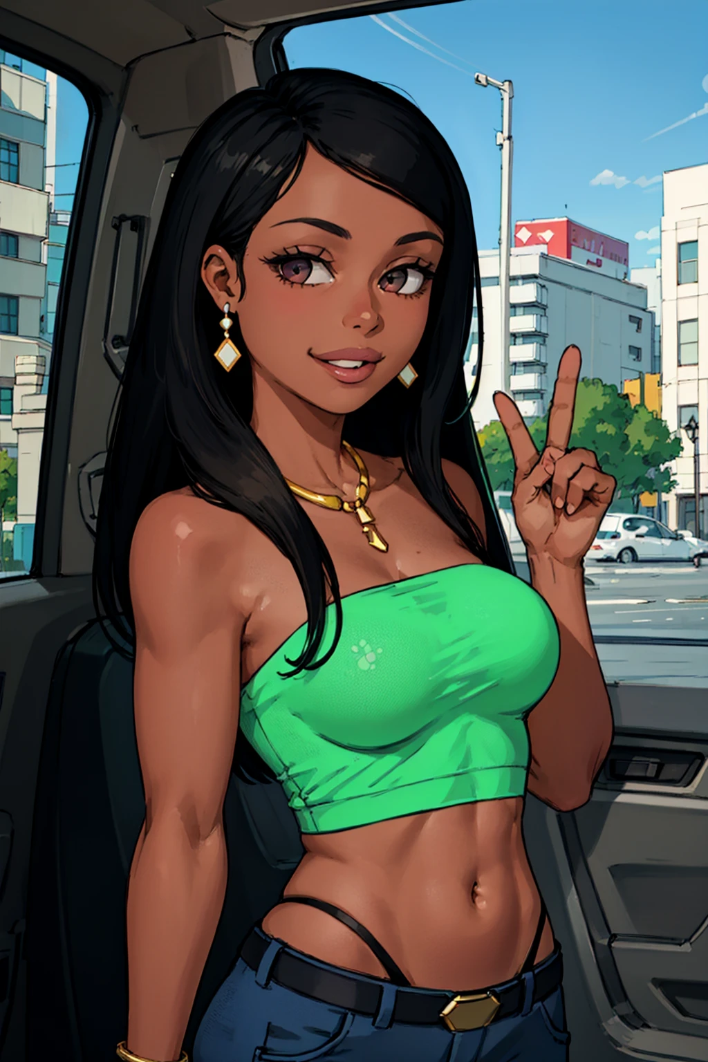 roberta, dark-skinned female, lips, 1girl, dark skin, black hair, long hair, earrings, solo, breasts, tube top, necklace,upper body, crop top, bracelet, crop top, navel, pants, belt,looking at viewer, smile, standing, <lora:Roberta(1.0):0.6>