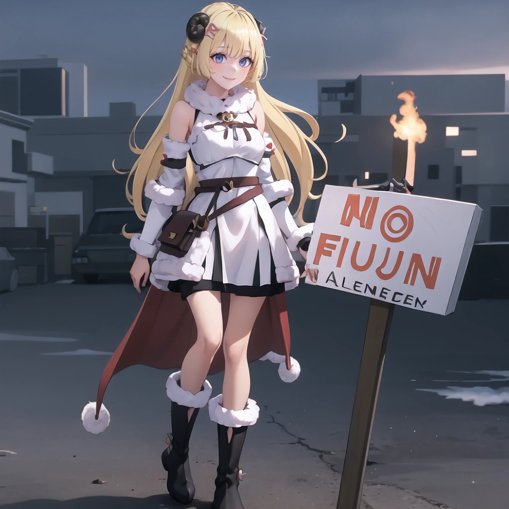 1girl, IncrsNFAMeme, sign, <lora:NoFunAllowedMemeV2:1>, Tsunomaki Watame, long hair, WatameBase, fur-trimmed dress, white dress, bare shoulders, fur-trimmed sleeves, hairclip, cape, belt pouch, brooch, fur-trimmed boots, <lora:Char_VTuber_TsunomakiWatame:0.8>, smile,