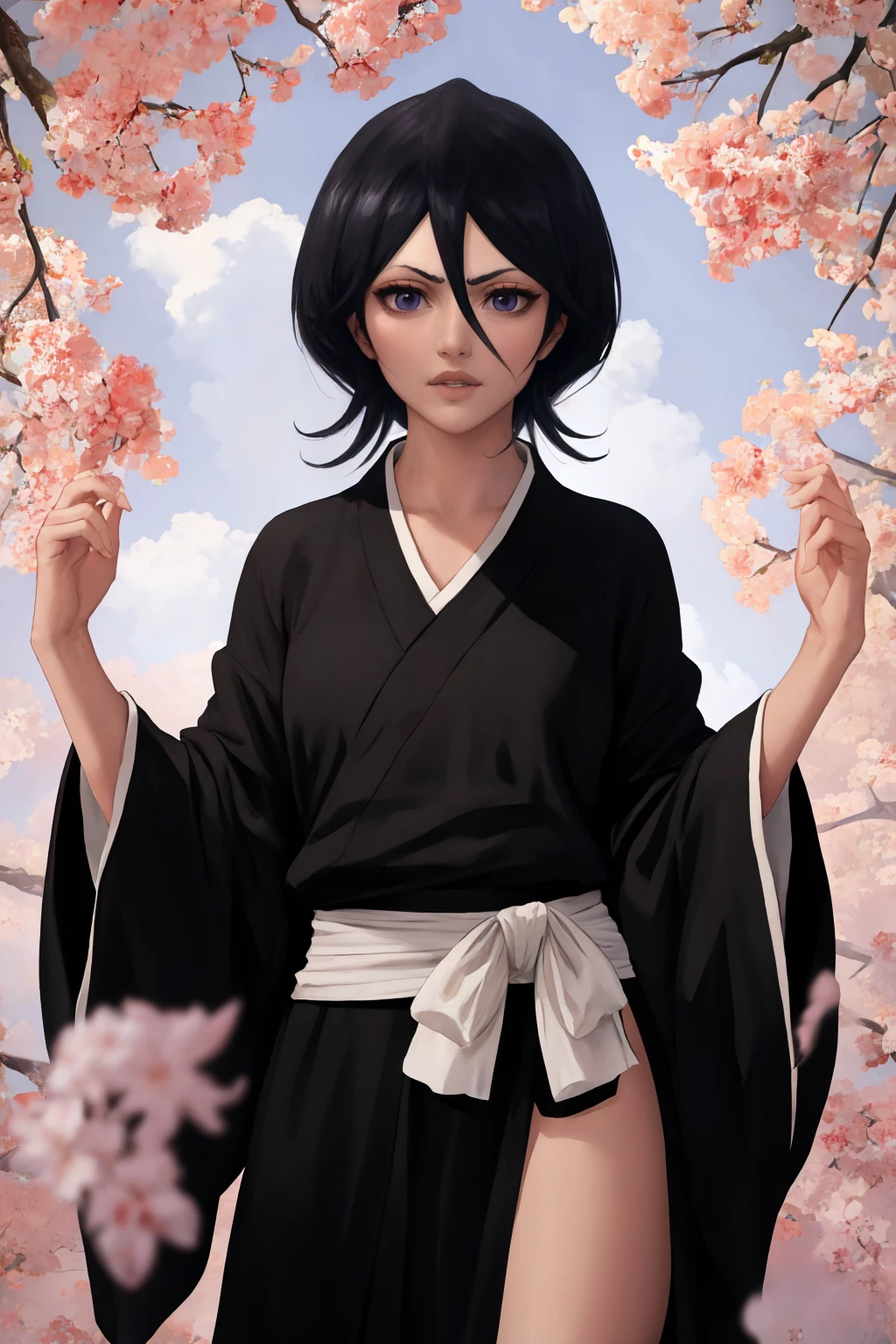 masterpiece, best quality, 1girl, solo, <lora:shurakrgt-artist-richy-v1:1> <lora:rukia-nvwls-v1:1> kuchikirukia, black robe, sash, parted lips,
