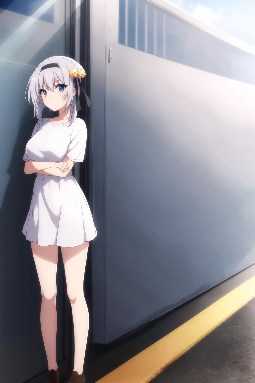 best quality,masterpiece,looking at viewer,huge filesize,full body,
depth of field,1girl, <lora:006-æ¶åæç©ºçæ¡¥-æ¥åä¼å¹V2:0.7> ,hinata ibuki,short hair,ribbon,hairband,blue eyes,hair ribbon,hair ornament,bell,grey hair, white pencil_dress,