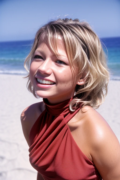 mich3113wi11am5, full body, blonde hair, hazel eyes, beach, (high neck sundress:1.3), cloud, day, floral print, horizon, smile, open mouth, lips, teeth, grin, mountain, navel, ocean, outdoors, photo \(medium\), photo background, shore, sky, solo, water, waves, upper body, morning, bright, <lora:Michelle_Williams_PMv1_Lora:1.3>,, detailed skin texture, (blush:0.5), (goosebumps:0.5), subsurface scattering, RAW candid cinema, 16mm, color graded portra 400 film, remarkable color, ultra realistic, textured skin, remarkable detailed pupils, realistic dull skin noise, visible skin detail, skin fuzz, dry skin, shot with cinematic camera