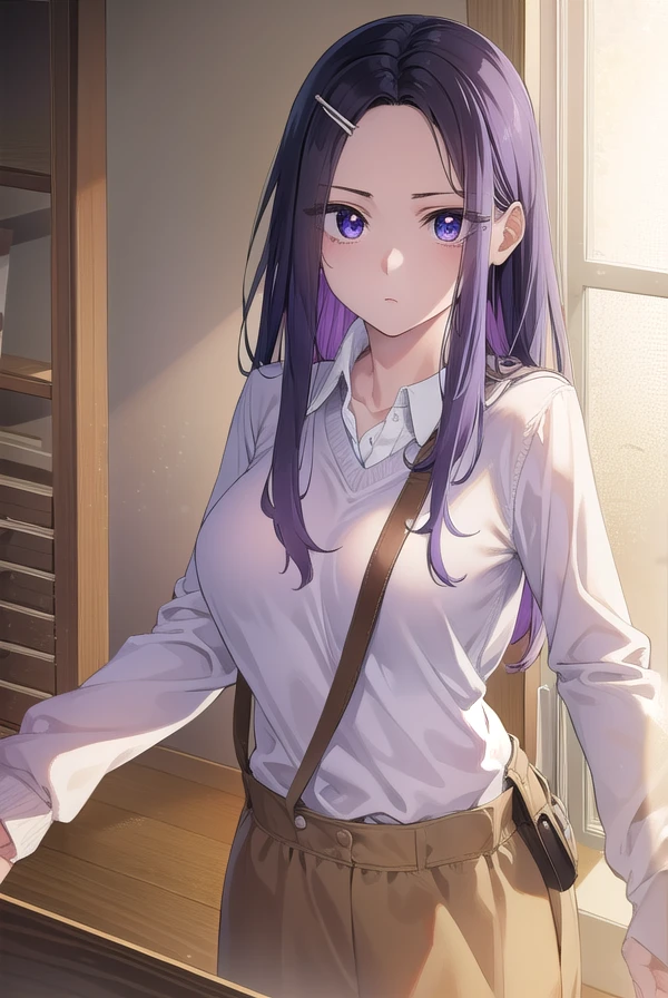 sayuriakino, <lora:sayuri akino manga-lora-nochekaiser:1>,
sayuri akino, long hair, hair ornament, hairclip, purple hair, (purple eyes:1.1), (forehead:1.2),
BREAK shirt, white shirt, collared shirt, sweater, black sweater,
BREAK indoors, classroom,
BREAK looking at viewer, (cowboy shot:1.5),
BREAK <lyco:GoodHands-beta2:1>, (masterpiece:1.2), best quality, high resolution, unity 8k wallpaper, (illustration:0.8), (beautiful detailed eyes:1.6), extremely detailed face, perfect lighting, extremely detailed CG, (perfect hands, perfect anatomy),