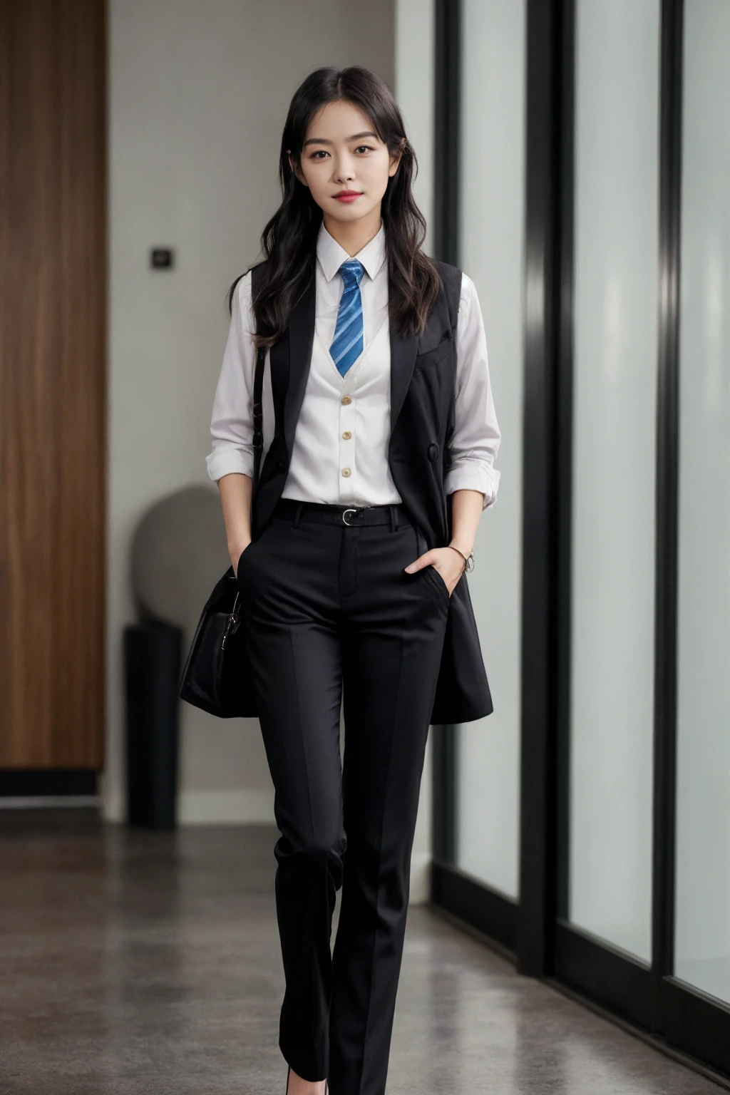 1girl, realistic, ((Masterpiece, best quality,edgQuality)), smug,smirk, edgADC_fashion, long hair, blonde hair, shirt, standing, jacket, full body, necktie, pants, indoors, vest, high heels, black pants, hands in pockets ,wearing edgADC, <lbm=FACES>
