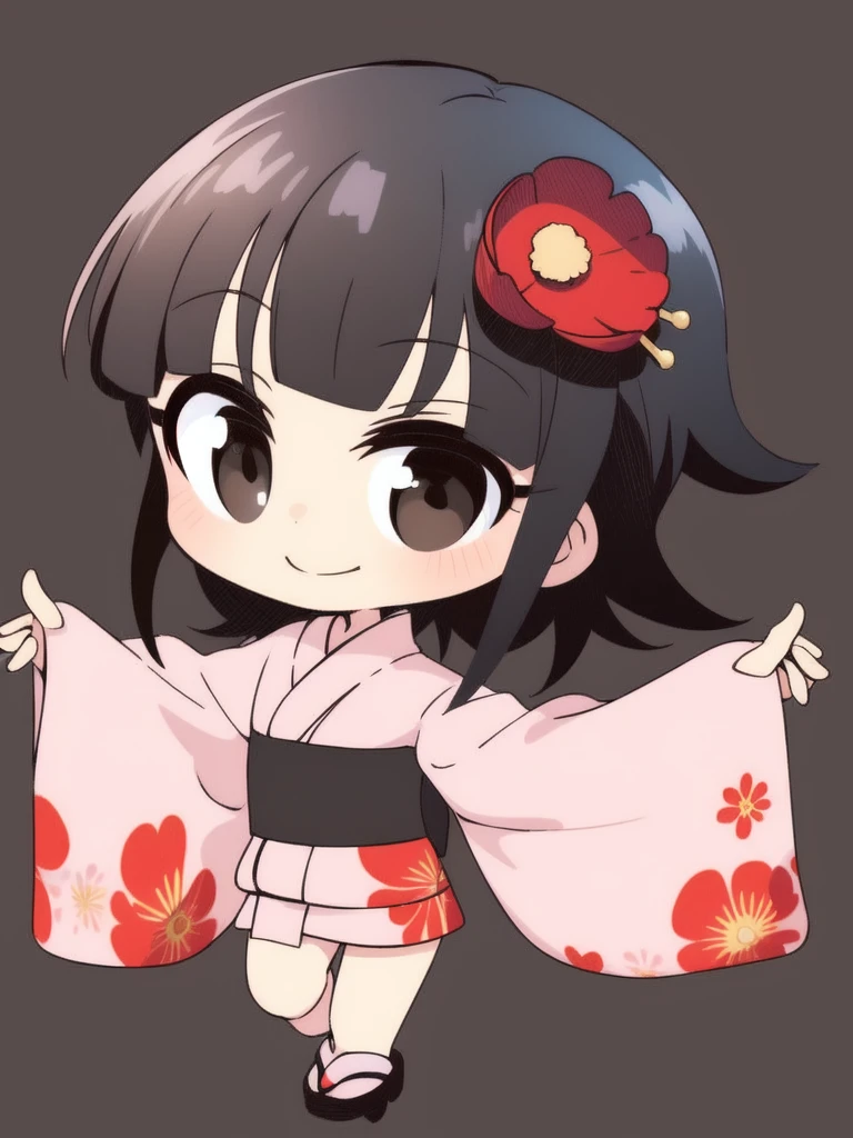 <lora:Suzu:1> Suzu, 1girl, solo, japanese clothes, kimono, black hair, hair ornament, chibi, flower, pink kimono, black eyes, short hair, hair flower, simple background, smile