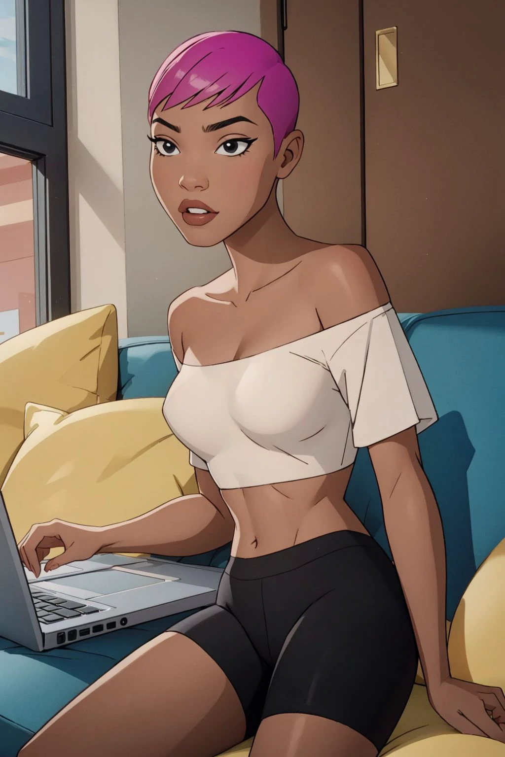 (intricately detailed, technically proficient, best quality, high resolution, highly detailed skin:1.4), <lora:m4x1n3BB-10:0.5> m4x1n3bb, dark-skinned female, very short pink hair, black eyes, (off-shoulder loose white tanktop, midriff, black bike shorts:1.2), a girl lying on a couch AND (using a laptop:1.3)
