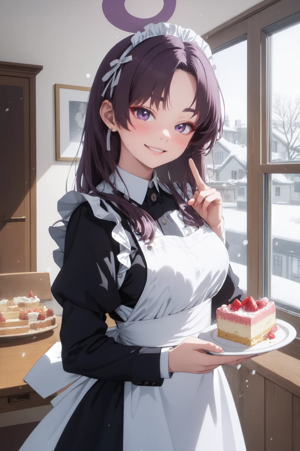 (masterpiece:1.3), (absurdres:1.3), (best quality:1.3), (ultra-detailed:1.3), snow, indoors, standing, upper body, smile, peace sign, <lora:yukari-fi-08:1>, 1girl, yukari-fi, purple hair, halo, maid, maid headdress, maid apron, holding cake,