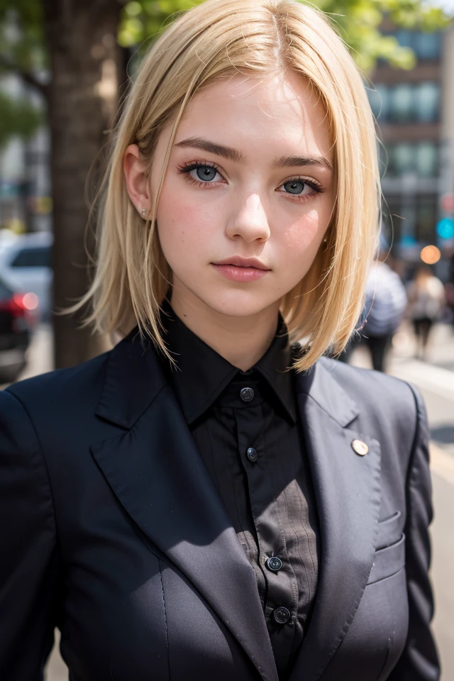 portrait of european girl,solo,20yo,beautiful face,uppser body,hair over one eye,medium sidecut, blonde hair, sharp focus,black business suit