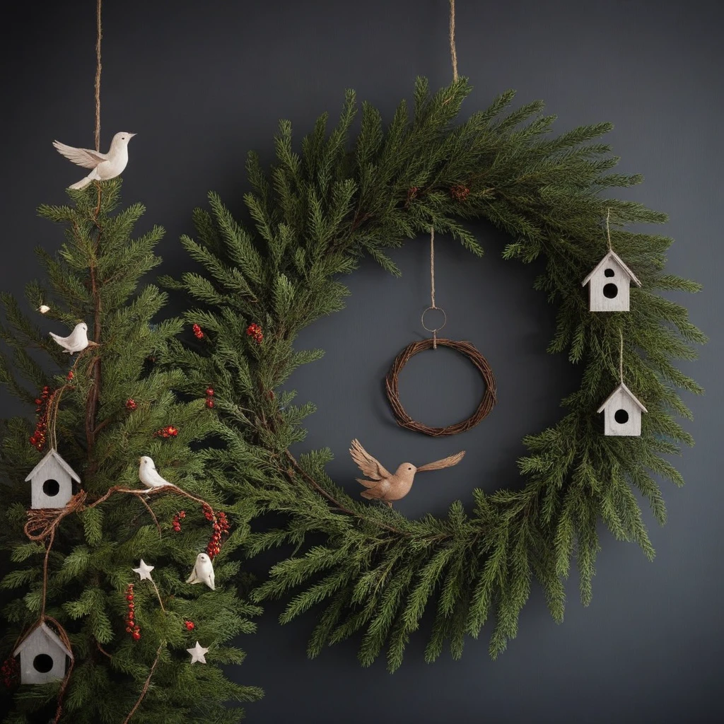<lora:SDXL_Christmas_Sa_May:1> Christmas, a christmas tree with a birdhouse and a wreath