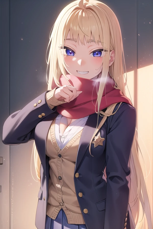 minamifuyuki, <lora:minami fuyuki manga-lora-nochekaiser:1>,
minami fuyuki, long hair, blonde hair, (purple eyes:1.1), ahoge, sidelocks, smile, grin,
BREAK cleavage, skirt, school uniform, jacket, pleated skirt, boots, scarf, blazer, cardigan, blue jacket, grey skirt, red scarf, pink cardigan,
BREAK indoors, classroom,
BREAK looking at viewer, (cowboy shot:1.5),
BREAK <lyco:GoodHands-beta2:1>, (masterpiece:1.2), best quality, high resolution, unity 8k wallpaper, (illustration:0.8), (beautiful detailed eyes:1.6), extremely detailed face, perfect lighting, extremely detailed CG, (perfect hands, perfect anatomy),