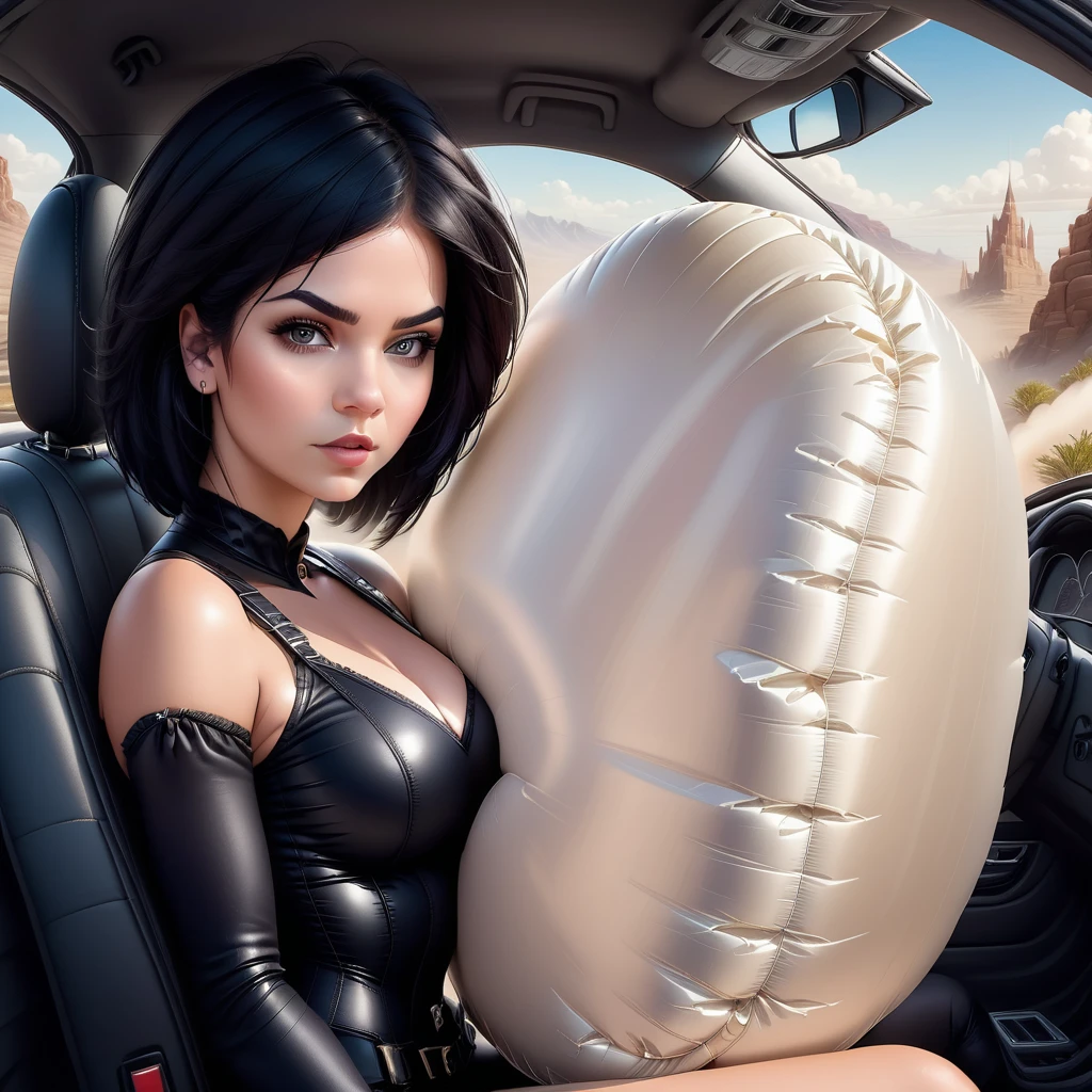 airbagcrash, Sasha Calle, 8k, high quality digital art, (sexy 24 year-old woman in drivers seat of a sedan, (her body pressing into giant inflated passenger airbag)), behind view, sexy, petite, thin athletic, tight fitting black clothing, very short  cut black hair, goth, pale, 