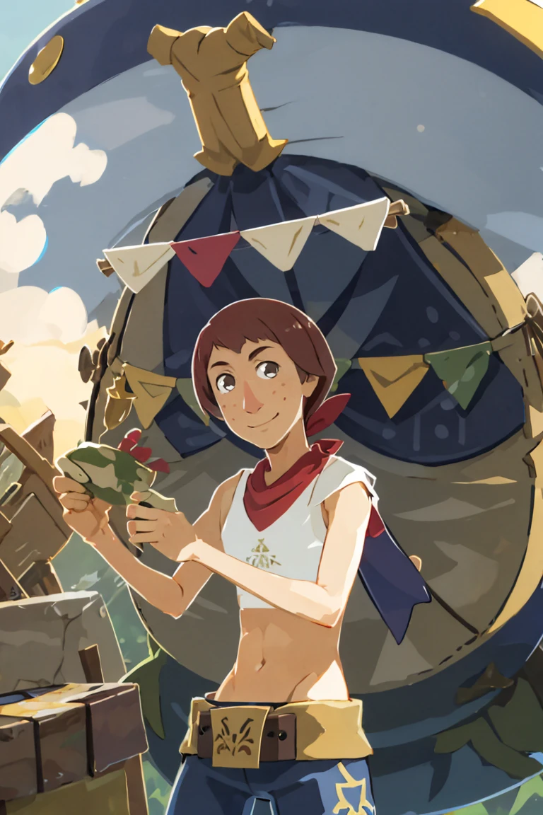 <lora:Harada_Takehito_v2_Repeats5:0.8>,((masterpiece,best quality)),  <lora:Beedle_Zelda:0.8>, Beedle_Zelda, white shirt,  solo, smiling, looking at viewer, cowboy shot,