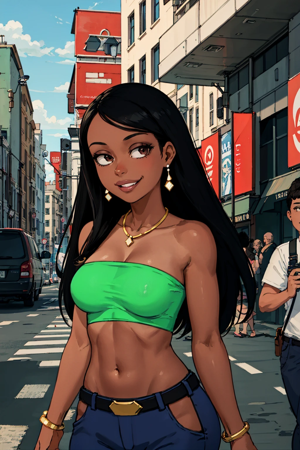 roberta, dark-skinned female, lips, 1girl, dark skin, black hair, long hair, earrings, solo, breasts, tube top, necklace,upper body, crop top, bracelet, crop top, navel, pants, belt,looking at viewer, smile, standing, <lora:Roberta(1.0):0.6>