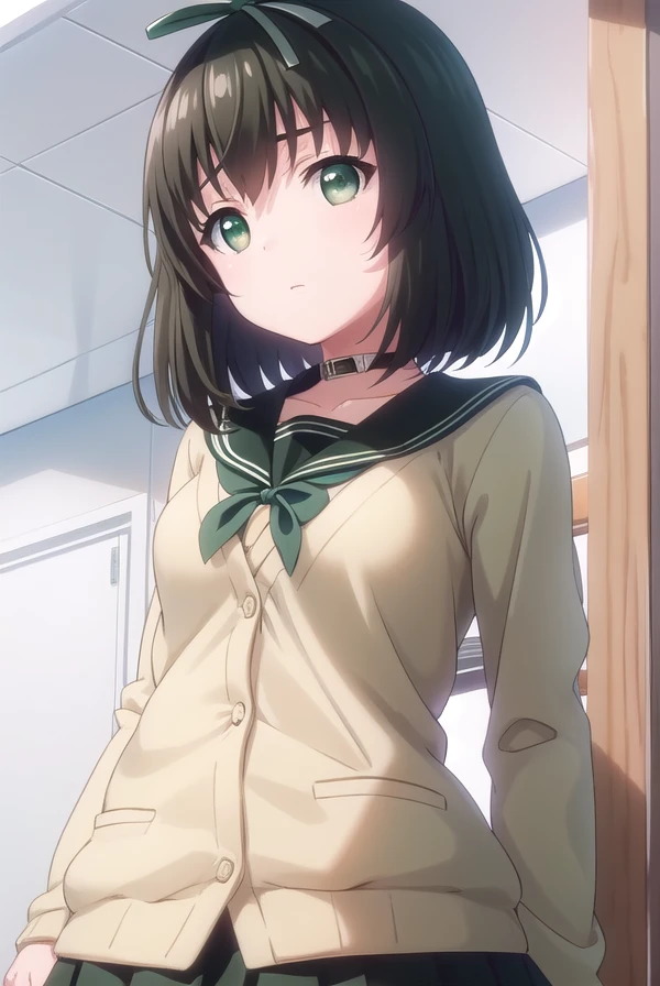 kanaehokari, <lora:kanae hokari ova-lora-nochekaiser:1>,
kanae hokari, short hair, black hair, ribbon, hair ribbon, (green eyes:1.5),
BREAK skirt, school uniform, serafuku, collar, cardigan, black skirt, black sailor collar,
BREAK indoors, classroom,
BREAK looking at viewer, (cowboy shot:1.5),
BREAK <lyco:GoodHands-beta2:1>, (masterpiece:1.2), best quality, high resolution, unity 8k wallpaper, (illustration:0.8), (beautiful detailed eyes:1.6), extremely detailed face, perfect lighting, extremely detailed CG, (perfect hands, perfect anatomy),