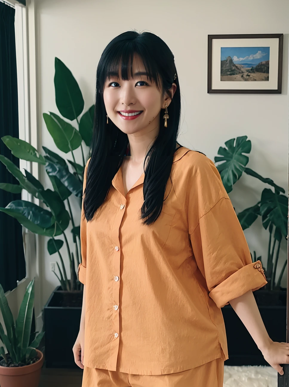 (8k, RAW photo, best quality, masterpiece:1.2),(realistic, photo-realistic:1.37), ultra-detailed,
1girl, solo,aiyi,smile, earrings, jewelry, looking at viewer, long hair, animal print, orange shirt, shirt, hand up, grin, pajamas, plant, bangs,
(looking at viewer:1.2),indoor, blurry background, 
Fujifilm XT3,film still,film grain,cinematic,
<lora:Overlighting:0.5> <lora:aiyi:0.9> <lora:Lora_v20_è¶çé£å¥³å­©-0.5:0.3>