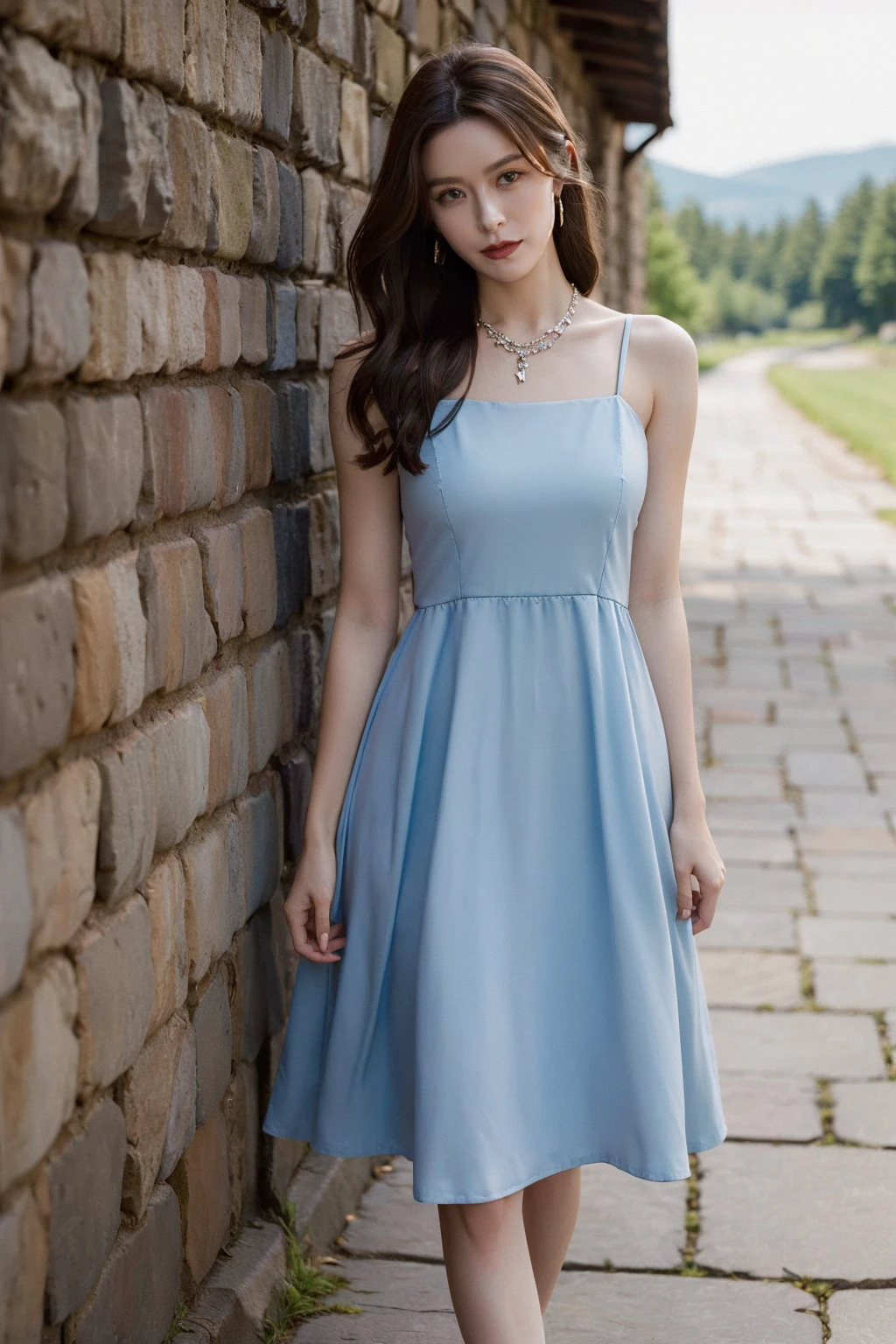 masterpiece,best quality,1girl,upper body,looking at viewer, standing,
strap dress,blue dress,
brown hair, long hair,
necklace,stone floor, stone wall,
<lora:Janice:0.5>
