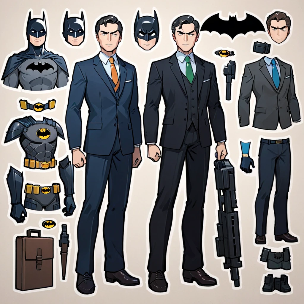 masterpiece,Create a paper doll in a cartoon style featuring Bruce Wayne in a sophisticated suit as the base figure. Include separate accessories: a detailed Batman suit with the iconic bat symbol, a sleek utility belt, a grappling gun with intricate design elements, and a stylized bat companion with cartoonish features. Emphasize the contrast between Wayne's polished businessman appearance and the darker, heroic persona of Batman through the accessories.  <lora:papperdollfix2:0.75>