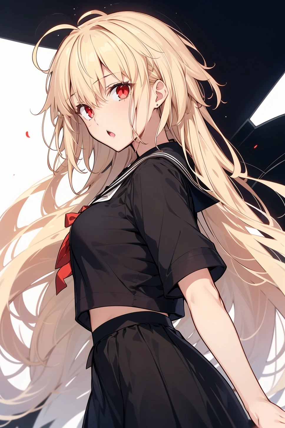 arcueid, blonde hair, red eyes, long hair, very long hair, bangs, ahoge, sidelocks, black skirt, black shirt, black serafuku, sailor collar, looking at viewer, :o, white background, cowboy shot,
