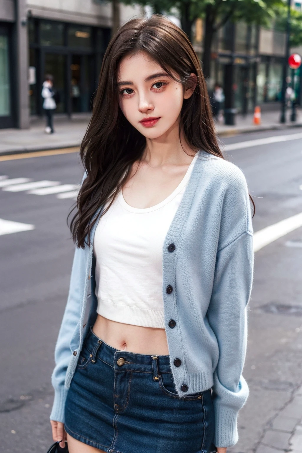 masterpiece,best quality,1girl,upper body,looking at viewer, standing,
school uniform, miniskirt,blue cardigan,
brown hair, long hair,small breasts, narrow waist,
ginza,simple background, outdoors,street,
<lora:jingyi:0.5>
