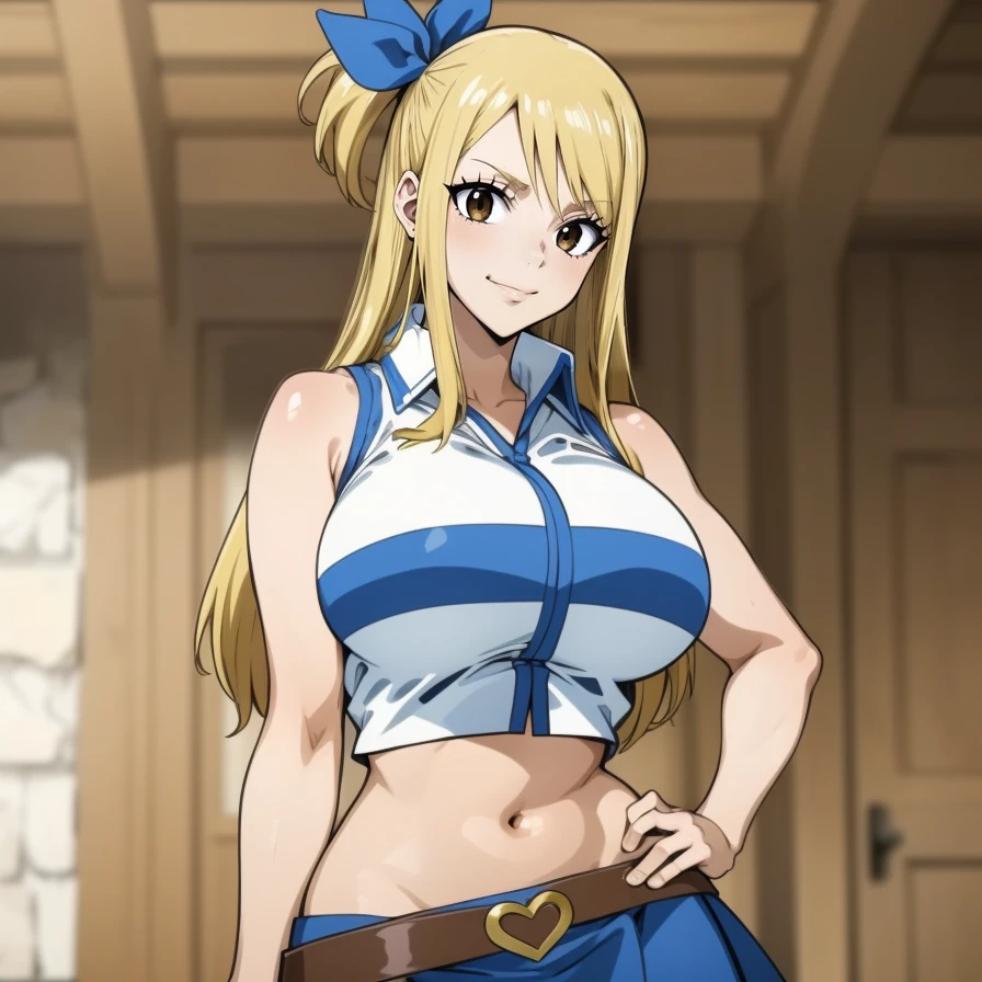 (masterpiece, best quality:1.2), Kisou, Cel-Shading, Thin Lineart, Soft Shading, Film Grain, 1girl, solo, smile, looking at viewer, dynamic pose, closed mouth, huge breasts, mature female, from behind, ass, panties, full body, wide hips, <lora:Kisou Artstyle Lora:.8>, bangs, blonde hair, (light brown eyes), lucy heartfilia, long hair, white shirt, sleeveless, belt, blue skirt, midriff, <lora:lucy_heartfilia_v11:.8>