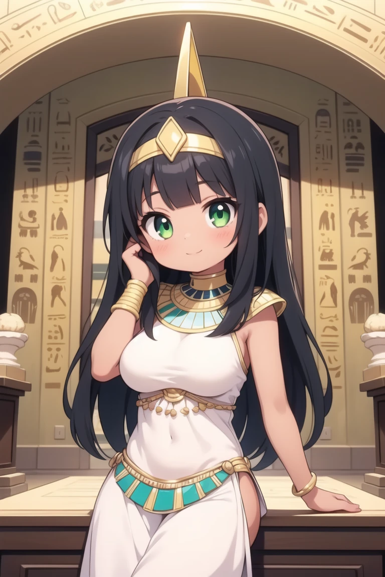 masterpiece, best quality, ultra detailed, anime style, 1girl, young, cute, (tanned skin), egyptian girl, egyptian outfit, medium long hair, black hair, green eyes, medium large breasts, egyptian tomb, indoor, large room, illustrated walls, warm colors, beautiful face, happy