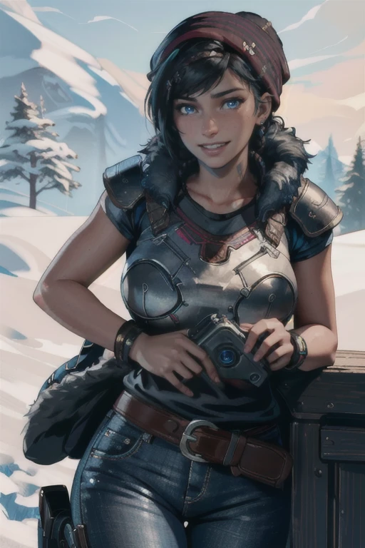 highres, 8k, 4k,hdr, soft light, ((best quality)), ((masterpiece)), (detailed), 1girl, 2 red braids with jewelry,beanie,black hair, blue eyes, earrings, female focus, kait diaz,realistic, solo, <lora:KaitDiazV2.5:0.7>, smiling, teeth, gears of war armor, fur trim,shirt, pants, short sleeve