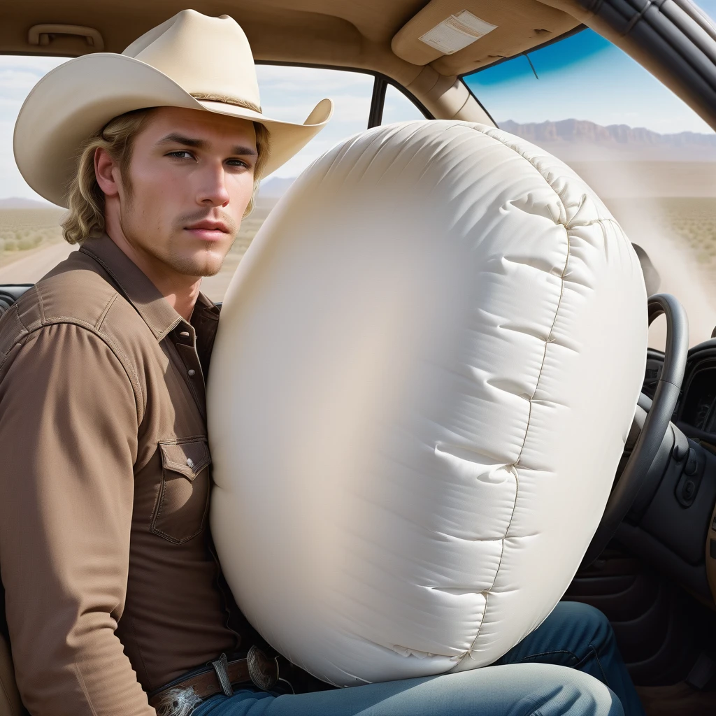 airbagcrash, 8k, high quality digital art, male, man ( 24 year-old cowboy in drivers seat of a sedan, (inflated white airbag coming out of steering wheel, laying his head on airbag), sexy, pick up truck, blonde, man