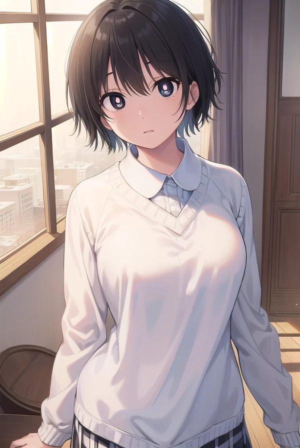 tsubomiharuno, <lora:tsubomi haruno manga-lora-nochekaiser:1>,
tsubomi haruno, short hair, black hair, (black eyes:1.5), (bright pupils:1.5),
BREAK skirt, plaid, plaid skirt, sweater, long sleeves, shirt, white shirt, collared shirt, (white sweater:1.5),
BREAK indoors, classroom,
BREAK looking at viewer, (cowboy shot:1.5),
BREAK <lyco:GoodHands-beta2:1>, (masterpiece:1.2), best quality, high resolution, unity 8k wallpaper, (illustration:0.8), (beautiful detailed eyes:1.6), extremely detailed face, perfect lighting, extremely detailed CG, (perfect hands, perfect anatomy),