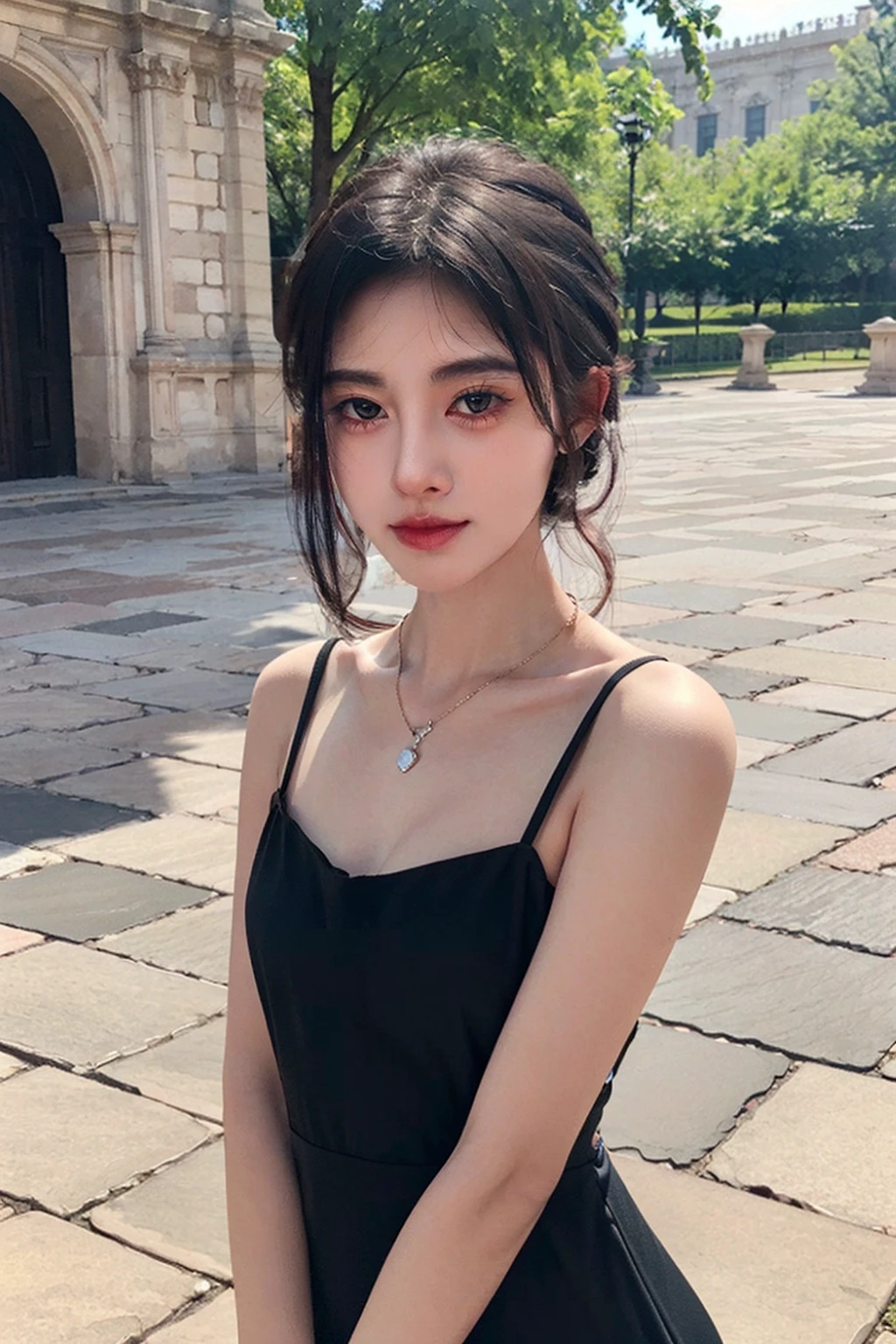 masterpiece,best quality,1girl,upper body,looking at viewer,
black dress, strap, short dress, princess,
black hair, long hair,
necklace,small breasts,
Palace, outdoors, stone floor,
<lora:jingyi:0.6>
