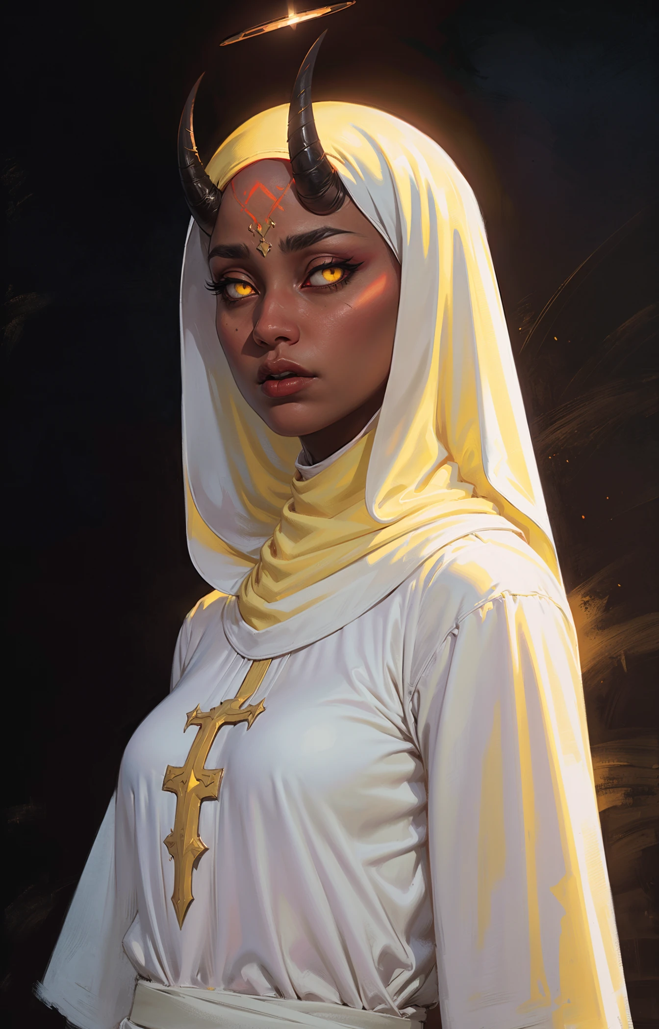 pictorialist style photo of a oni girl, <lora:0n1 - RedOni:0.7>, 1girl, solo, (nun;1.8), (habit:1.7), (oni:1.5), (oni horns:1.5), (red skin:1.5), (yellow eyes:1.7), (glowing eyes:1.7), (radiant halo:1.8), (nun uniform:1.5), (white neckerchief:1.8), (black veil:1.5), (white cap:1.5), (black cape:1.5), (black habit:1.8), (sleeves of blouse:1.5), (habit skirt:1.5), (black robe:1.5), (fully clothes:1.5), upper body framing, full body, (dark room background:1.5), (mosque at night background:1.5), starry background, (god rays:1.5), chiaroscuro, cinematic lighting in style of Alex Timmermans, intricate elegant, fantasy, detailed, ometric by greg rutkowski and alphonse mucha, gradient lighting, <lora:bichu-v0612:0.3> <lora:oil_painting:0.4> <lora:BaldifierW2:1.5>