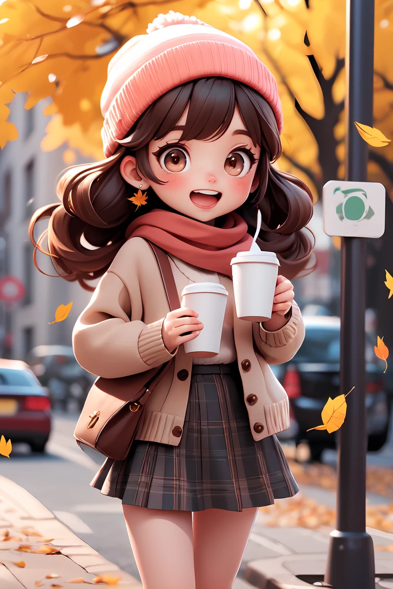 extremely detailed, intricate, masterpiece, absurdres,1girl, (\:d:1.0) autumn leaves, chibi,bangs, black headwear, blurry background, blush, brown eyes, brown hair, brown scarf, brown skirt, cardigan, cowboy shot, falling leaves, beanie, holding, holding coffee disposable cup, leaf, long hair, long sleeves, looking at viewer, open cardigan, open mouth, plaid skirt, puffy long sleeves, red sweater, scarf, shirt tucked in, sidelocks, skirt, smile, solo, sweater, white shirt, <lora:GoodHands-beta2:1>ï¼Coffee shop street scene