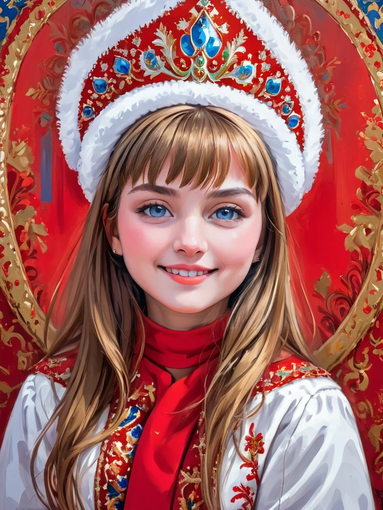 Renaissance style abstract expressionist painting waist portrait of cute girl wearing red kokoshnik, new year street celebration background, <lora:Kokoshnik:1.0> . energetic brushwork, bold colors, abstract forms, expressive, emotional . Realistic, perspective, light and shadow, religious or mythological themes, highly detailed