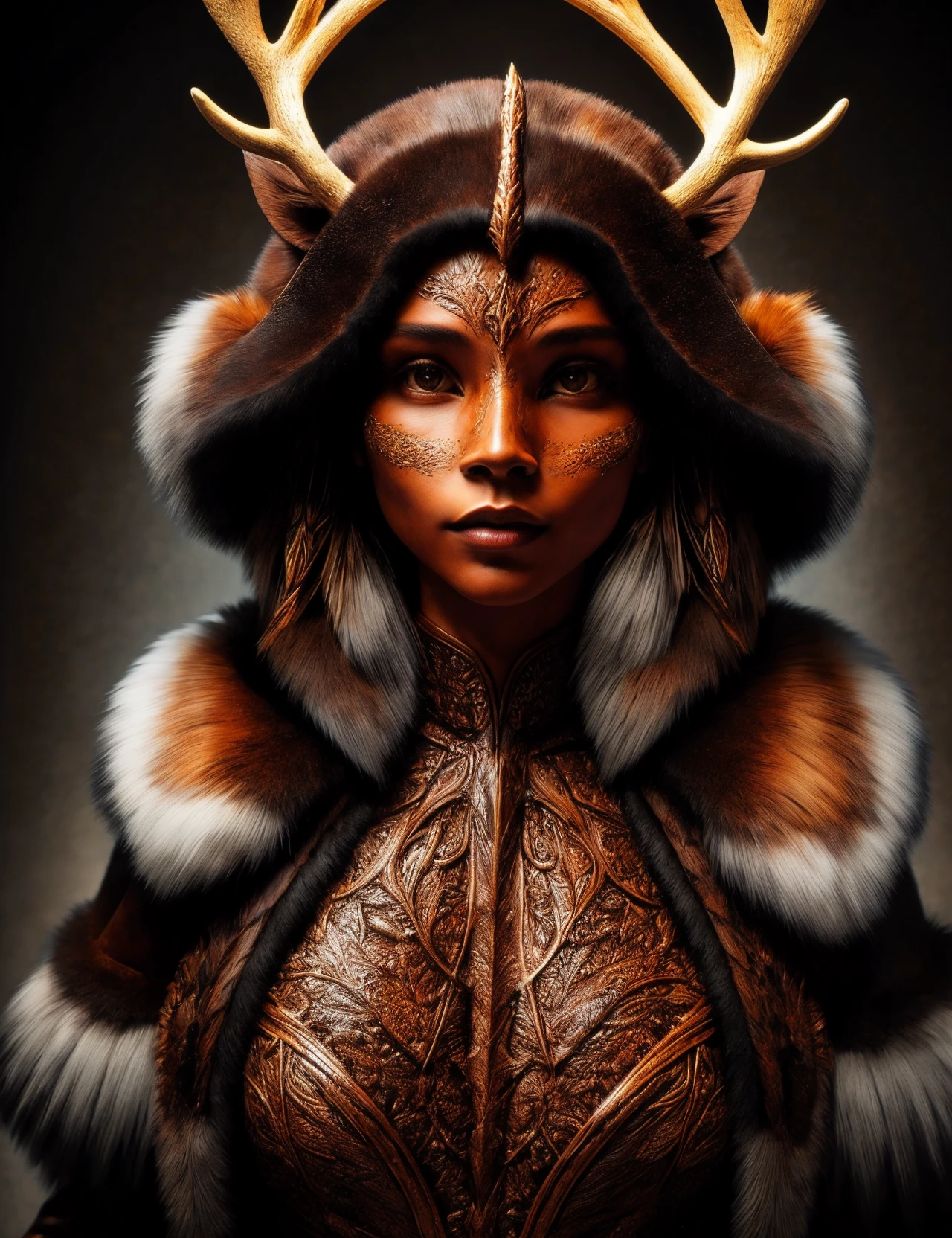 hyper detailed masterpiece, dynamic, awesome quality, DonMR31nd33r, leather, fur, female djinn, supernatural powerful magical entity, human form, invisible, possess magical abilities, ancient knowledge, grants wishes, benevolent, mystifying,deluge,soaring,energizing,dedication,enthusiastic,troposphere,obscure,discovery,enigmatic <lora:DonMR31nd33r:0.8>