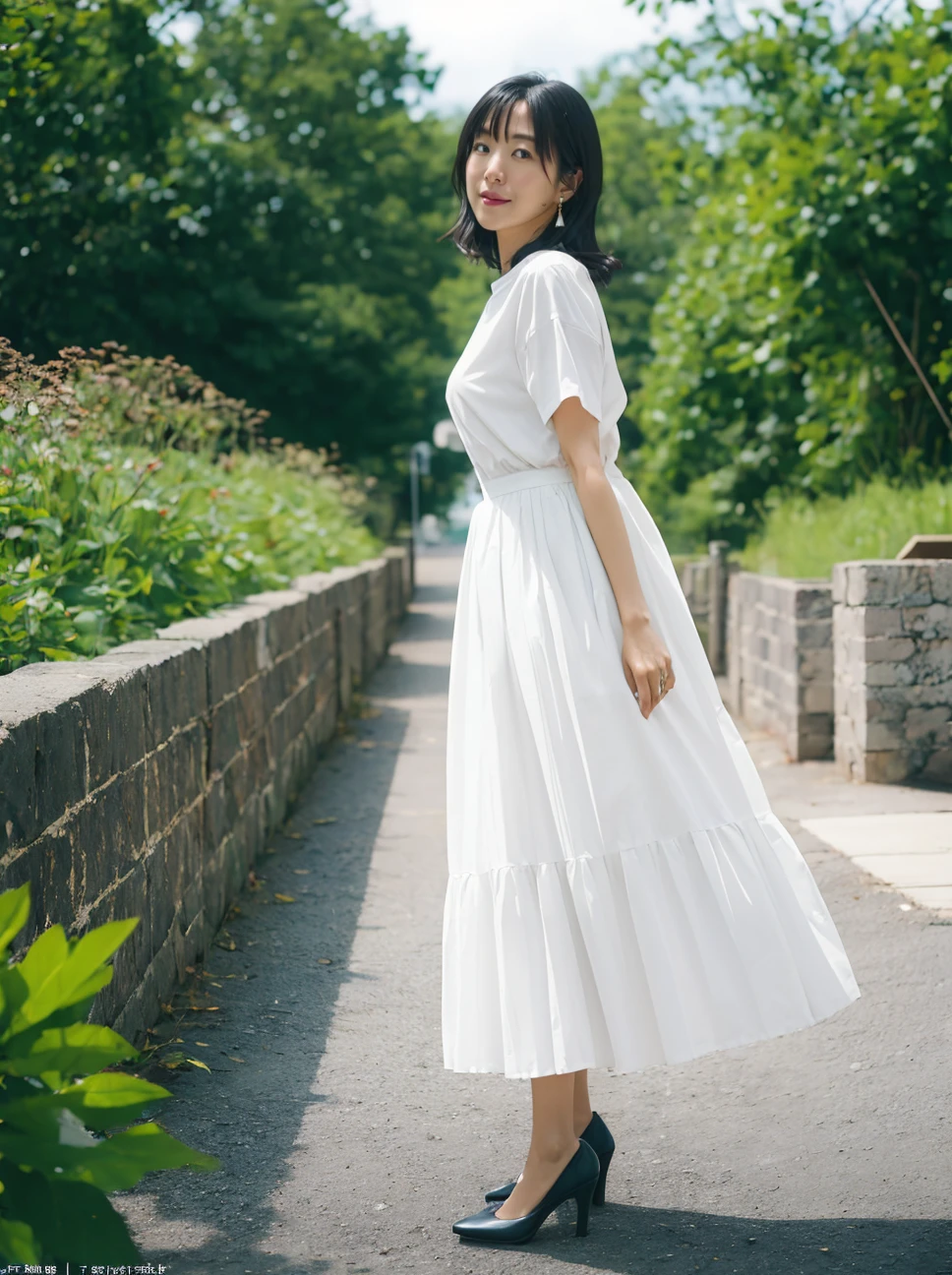 (8k, RAW photo, best quality, masterpiece:1.2),(realistic, photo-realistic:1.37), ultra-detailed,
1girl, solo,aiyi, shirt, jewelry, dress, earrings, white shirt,  short sleeves,long skirt,high heels,full body, standing, between legs, 
(looking at viewer:1.2), outdoors,park, blurry background, 
Fujifilm XT3,film still,film grain,cinematic,
<lora:Overlighting:0.5> <lora:aiyi:0.9> <lora:Lora_v20_è¶çé£å¥³å­©-0.5:0.3>