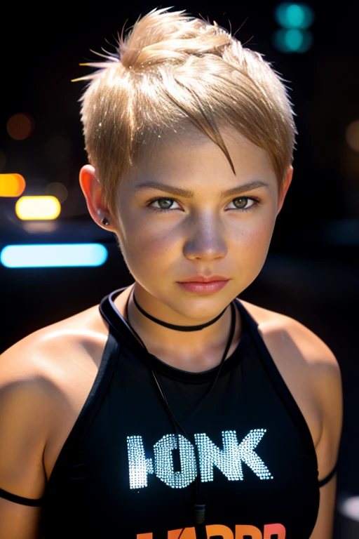 mich3113wi11am5, blonde hair, (short pixie haircut:1.5), hazel eyes, wearing holographic cyberpunk clothing, surrounded by neon-lit cityscape reflections, vray render, ray tracing, subsurface scattering, by Josan Gonzalez and Liang Mark (upper body shot), (looking at viewer:1.3), (hyper realistic:1.3), (portrait:1.2), highly detailed eyes, (highly detailed skin:1.3), (freckles:0.6), pores, (4k), back lit, rim light, <lora:Michelle_Williams_PMv1_Lora:1.3>,