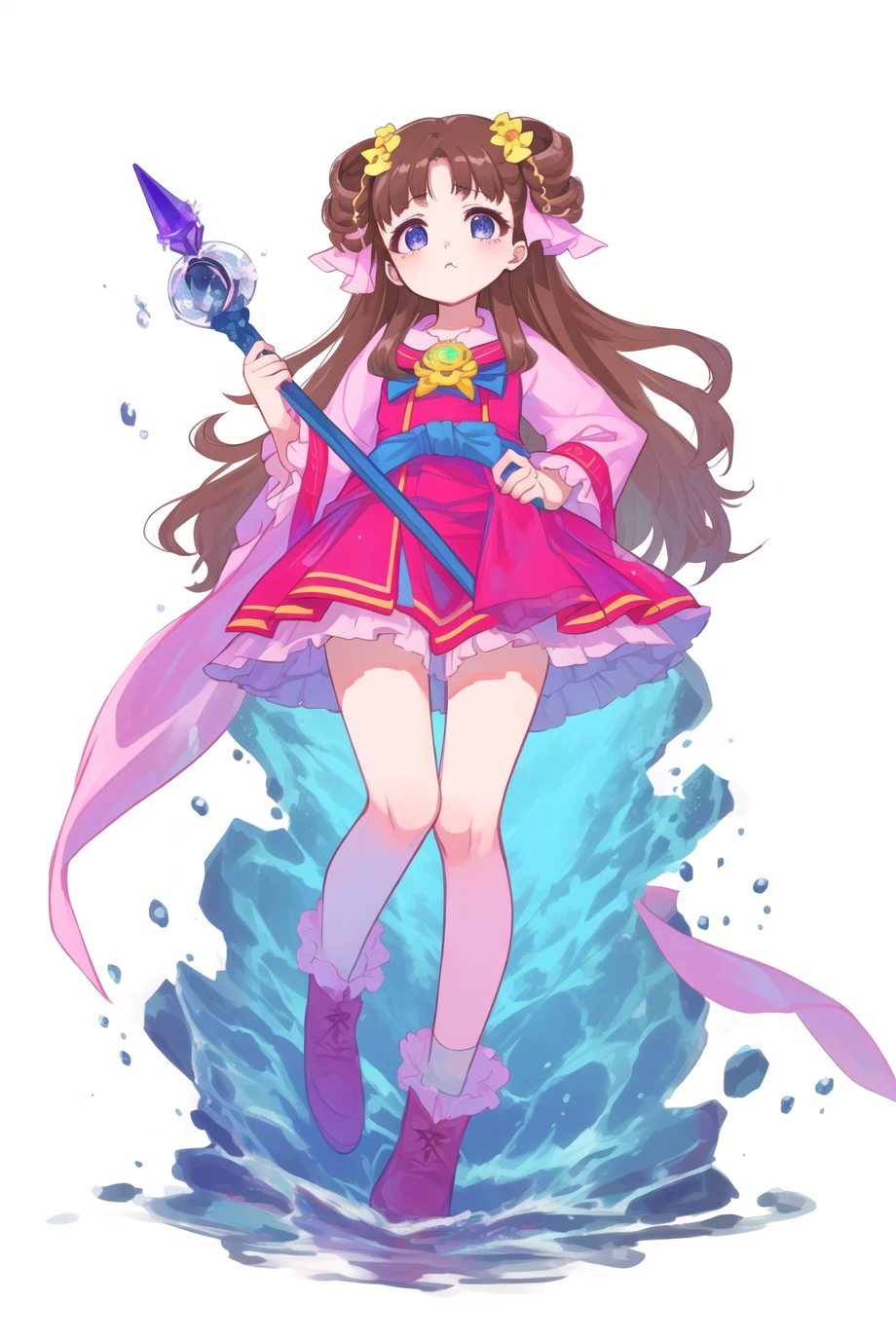 Lishu, solo, 1girl, full body, magical girl, mgic wand, white background, miniskirt, beautiful eyes, pout, magic, water ball, bow, from below, 
<lora:kusuriya_EP01to10-diag_oft-bundle-40000:0.95>, <lora:kohakuV5_rev2:0.8>, <lora:linneamix_v74:0.1>, <lora:GoodHands-beta2:1>