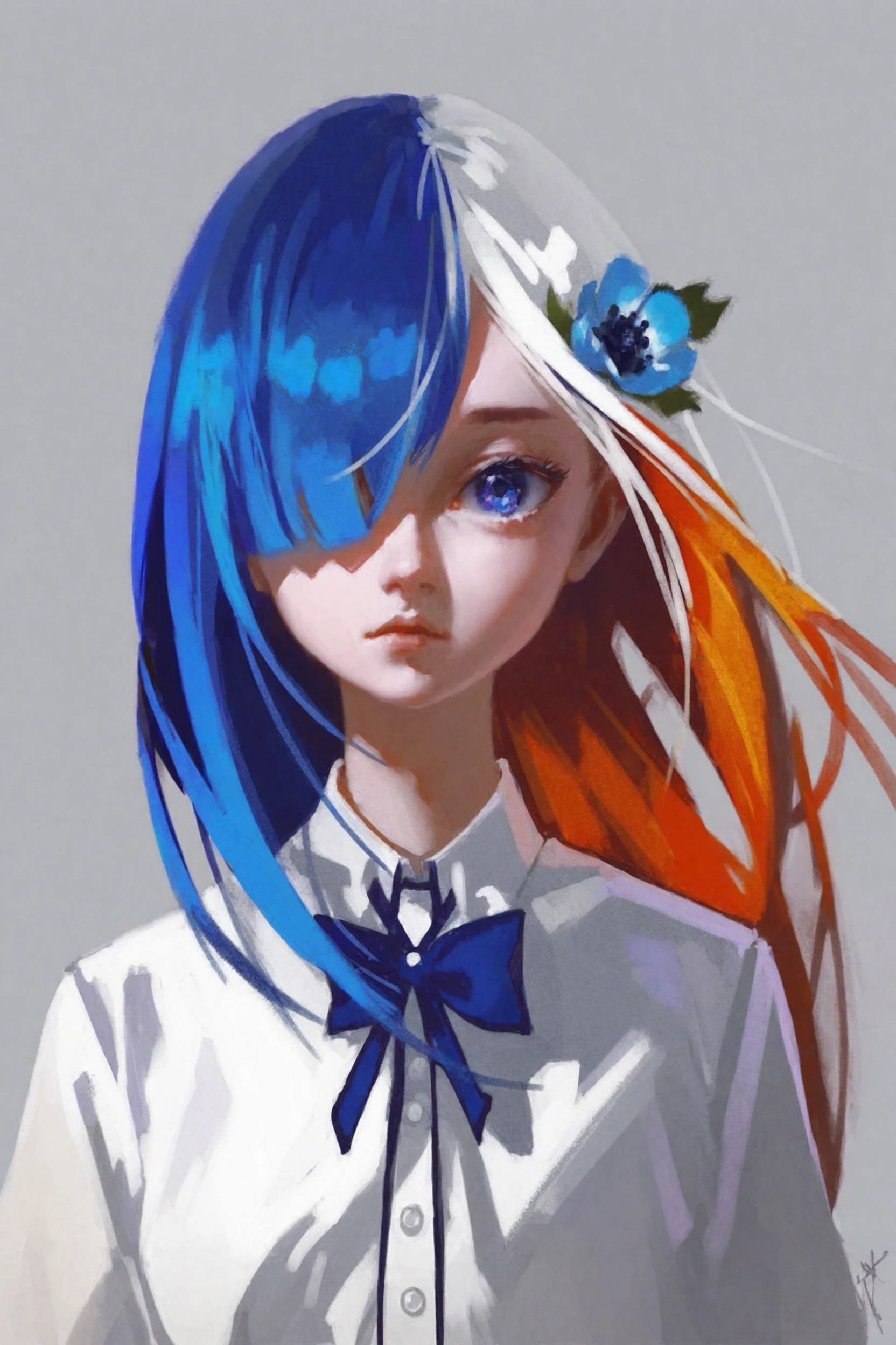 realistic, by fuenze, beautiful color, beautiful, clean style, best quality, 1girl, virtual youtuber, solo, aesthetic, portrait, simple background, white background, grey background, gradient background, upper body, looking at viewer, expressionless, closed mouth, blue eyes, heterochromia, hair over one eye, white hair, long hair, blue hair, two-tone hair, colored inner hair, hair flower, bangs, hair ribbon, blue ribbon, orange flower, photo \(medium\), blue flower, fire, blue bow