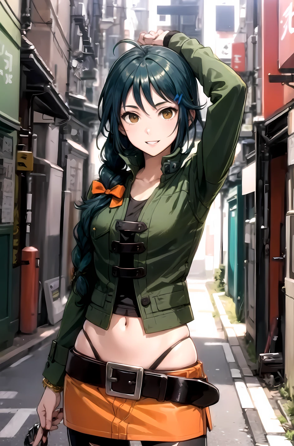 KiriaTMS,  turquoise hair, green jacket, short orange skirt, ripped leggings,alleyway, tokyo,  close view, brown eyes, masterpiece, best possible quality, navel, single braid, smile, parted lips