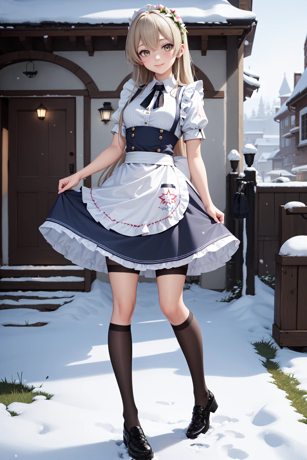 (masterpiece:1.3), (absurdres:1.3), (best quality:1.3), (ultra-detailed:1.3), snow, outdoors, full body, hand back, smile, 1girl, nagisa-fi, halo, <lora:nagisa-fi-09:1>, maid, maid headdress, maid apron,