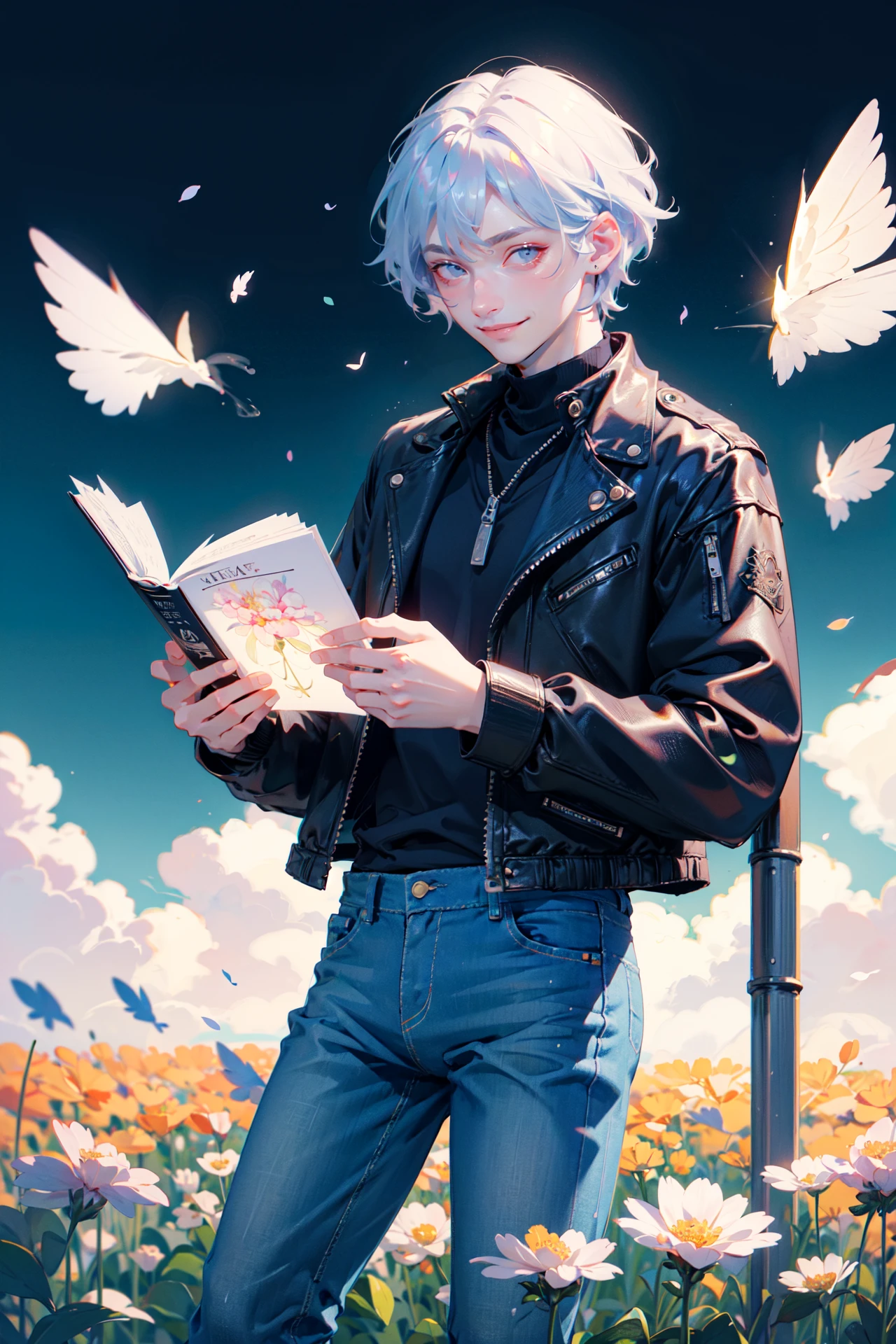 ((best quality, masterpiece, absurbres, super-resolution)) 1male, cool and cute boyfriend,, leather jacket, jeans, pastel hair, half body close up, flower field, reading