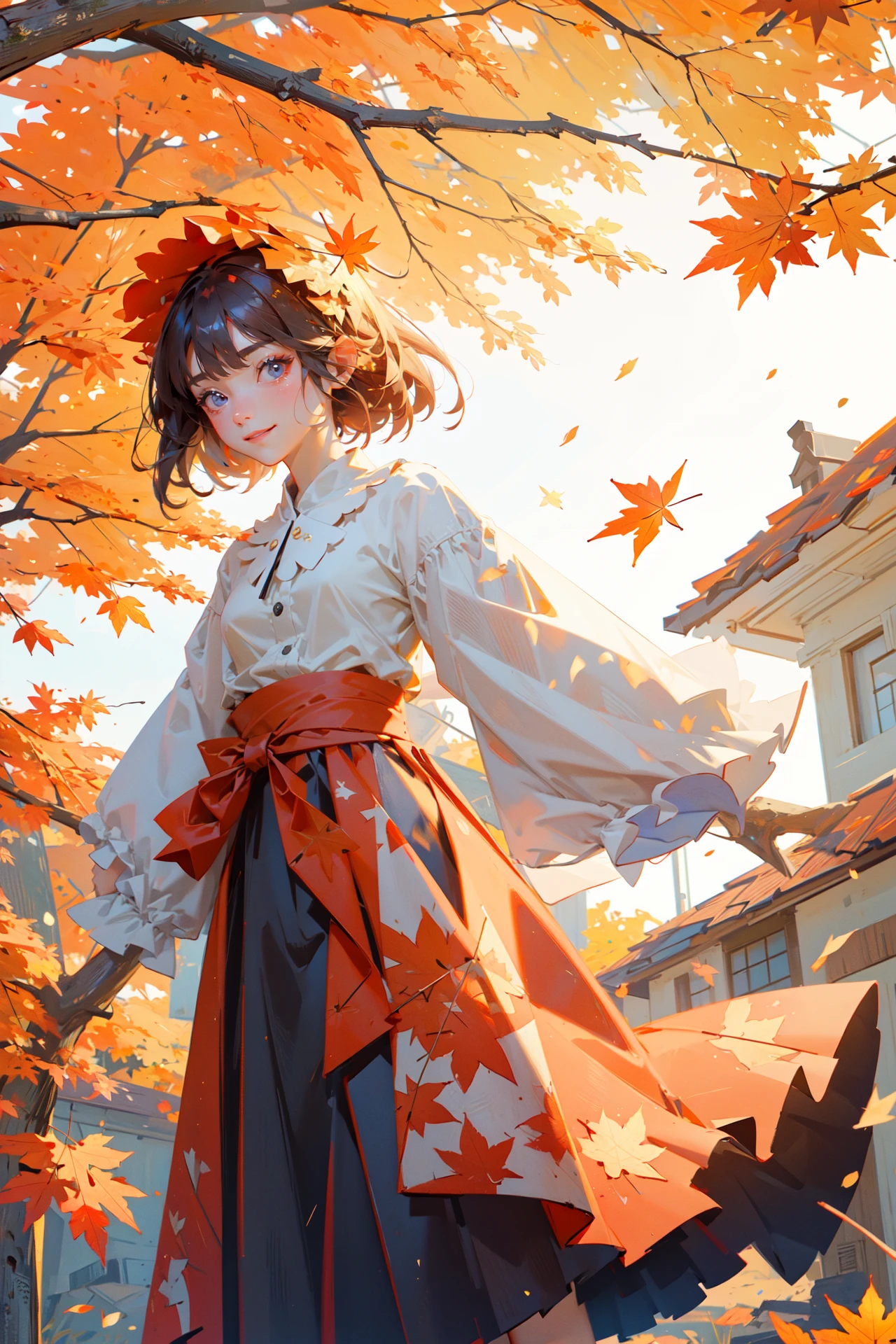 ((best quality, masterpiece, absurbres, super-resolution)), detailed scenery, bursting sun ray, autumn season, maple leaves
