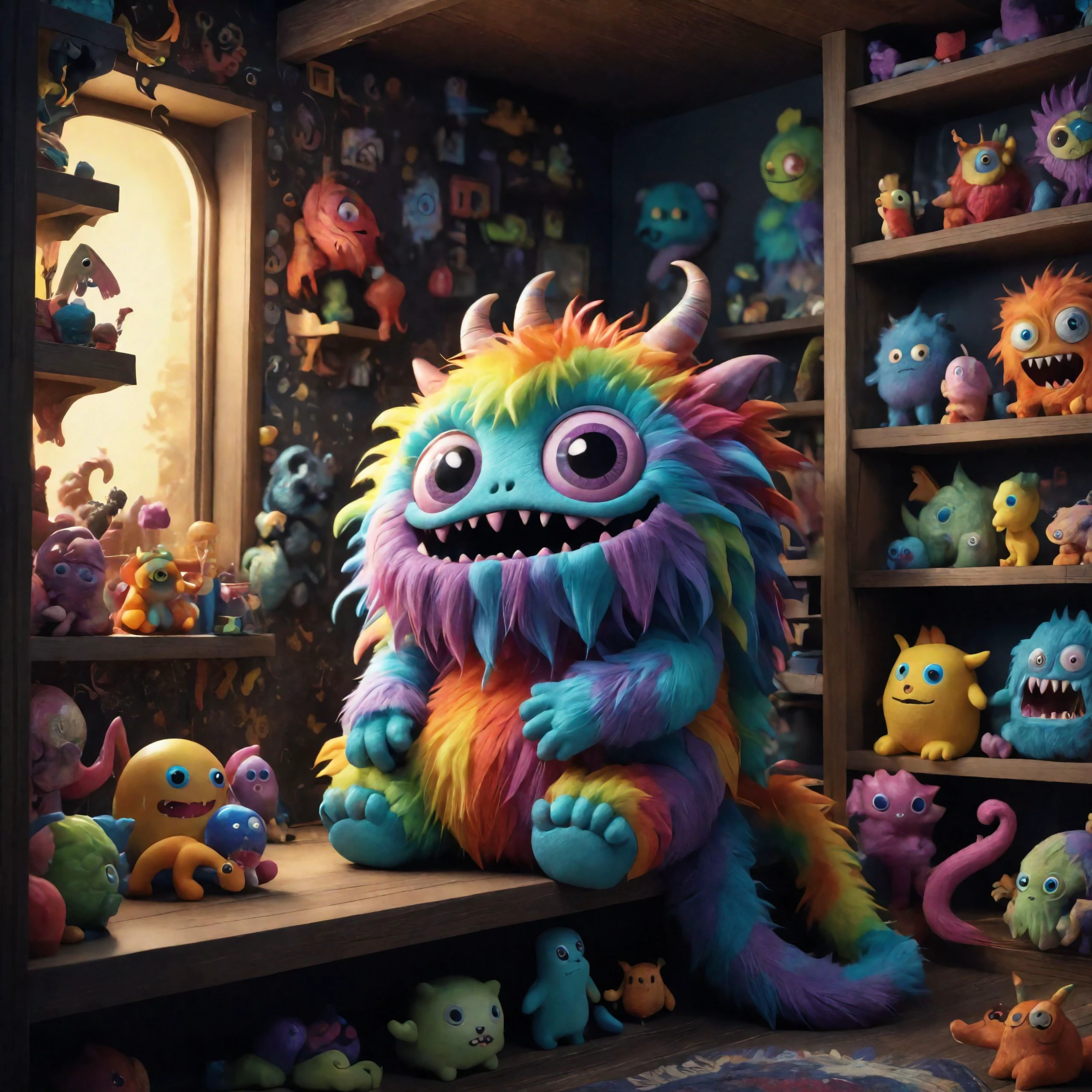 A cute monster with a rainbow-colored fur coat, a long tail, and big, round eyes. The monster is sitting on a cluttered shelf in a mysterious, dark environment. The shelf is surrounded by other colorful monsters, some of which are sleeping, while others are playing with toys. The environment is ultra-detailed, with intricate carvings on the walls and floors, and a perfect cinematic lighting that highlights every detail. The product photography is perfect, capturing every angle and texture of the monster and its surroundings. The environment is perfect for a horror movie, with a sense of foreboding and danger lurking around every corner. The scene is rendered in 8K, with every pixel perfectly defined and crisp.