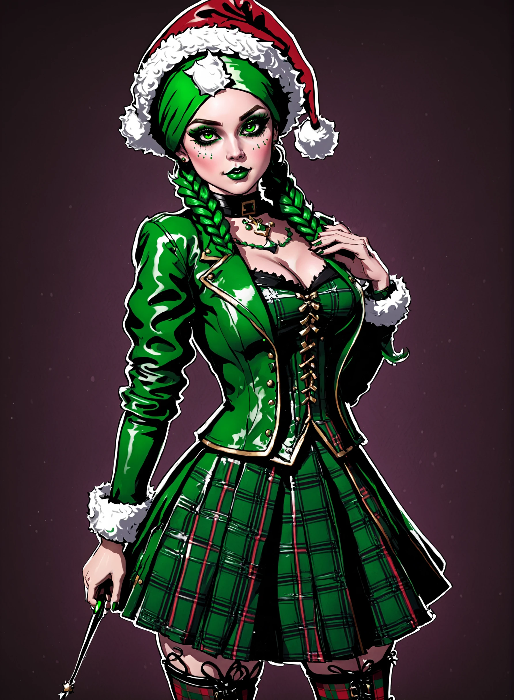 Mrs Claus,  skindentation,  gossamer,  Woman in a green victorian costume,  leather jacket,  retro theme,  braids,  makeup,  eyeliner,  santa hat,  plaid green full skirt,  christmas theme,  inked lines,  best illustration,  official art,  green,  gothic,  action pose,  femme,  teamgreenstyle,  dynamic angle,  semi realistic,  2.5d,  side lighting,  LUT movie style,  magic,  Rembrandt lighting,  Santa Overlords Style,  holidayxl style ,  vantage point,  kemonomimi,  4 point perspective,  indoors , extreme light and shadow, ultra sharp, tone mapping, specular relfection <lora:SantaOverlordsXL:0.8>