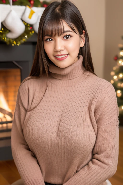 1girl,(wearing a turtleneck sweater),(winter jacket),(RAW photo, best quality), (realistic, photo-realistic:1.4), masterpiece, an extremely delicate and beautiful, extremely detailed, 2k wallpaper, Amazing, finely detail, extremely detailed CG unity 8k wallpaper, ultra-detailed, highres, soft light, beautiful detailed girl, extremely detailed eyes and face, beautiful detailed nose, beautiful detailed eyes,cinematic lighting,snow scenery,fireplace,(christmas tree,christmas decorations),snow mountain,perfect anatomy,slender body,smile,<lora:fujinoaoi_lora:0.7>,full body