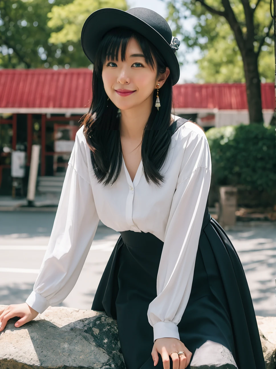 (8k, RAW photo, best quality, masterpiece:1.2),(realistic, photo-realistic:1.37), ultra-detailed,
1girl, solo,aiyi, jewelry, earrings, smile, dress, black dress,hat, ring, black headwear, long hair, long sleeves,
(looking at viewer:1.2), outdoors,park, blurry background, 
Fujifilm XT3,film still,film grain,cinematic,
<lora:Overlighting:0.5> <lora:aiyi:0.9> <lora:Lora_v20_è¶çé£å¥³å­©-0.5:0.3>