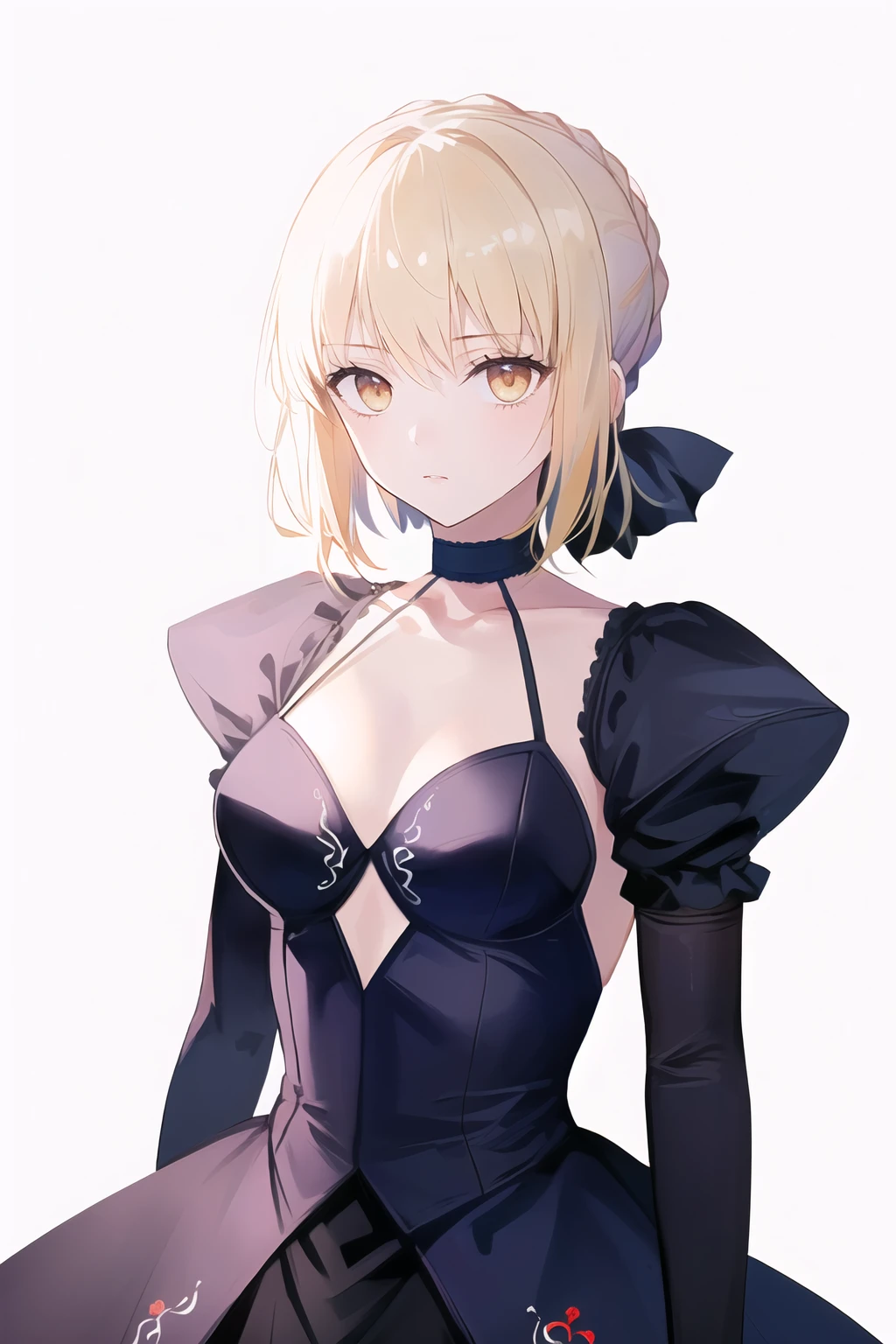 (high quality, high resolution:1.3), 4k, masterpiece, (simple background, white background:1.3),
BREAK
<lora:Saber_Alter-12:0.85> Saber_Alter, choker, dress, black dress, elbow gloves, black choker, cleavage, collarbone, standing, upper body, cowboy shot, <lora:GoodHands-beta2:1.0><lora:GoodHands-beta2:1.0>