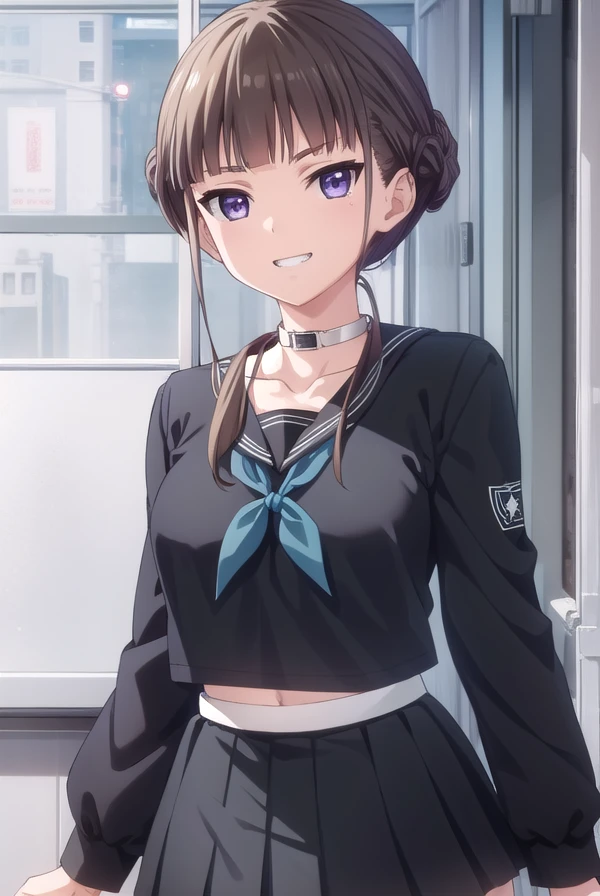 nemumanaka, <lora:nemu manaka ova-lora-nochekaiser:1>,
nemu manaka, brown hair, sidelocks, (purple eyes:1.1), smile, grin,
BREAK skirt, thighhighs, long sleeves, school uniform, serafuku, choker, black thighhighs, black skirt, collar, zettai ryouiki, black serafuku,
BREAK indoors, classroom,
BREAK looking at viewer, (cowboy shot:1.5),
BREAK <lyco:GoodHands-beta2:1>, (masterpiece:1.2), best quality, high resolution, unity 8k wallpaper, (illustration:0.8), (beautiful detailed eyes:1.6), extremely detailed face, perfect lighting, extremely detailed CG, (perfect hands, perfect anatomy),